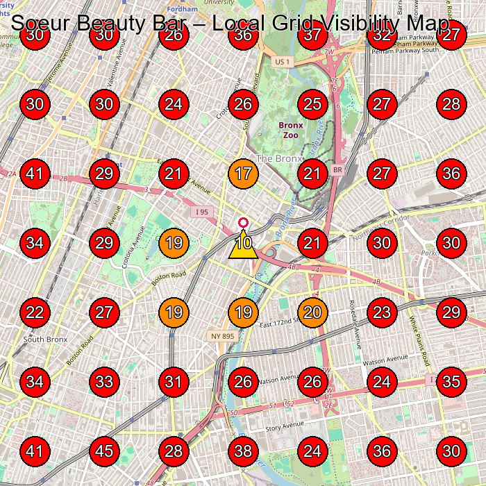 Soeur Beauty Bar GeoGrid visibility map for Beauty Salon in Bronx